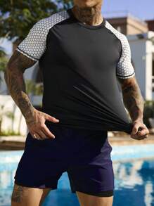 Manfinity Swimmode Men's Geometric Print Raglan Sleeve Short Sleeve Surfing T-Shirt - Black - View 6