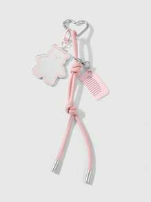 ROMWE Kawaii 1pc Cute & Adorned Pink Mini Comb With Bear Design, Glass Mirror, Pink Leather Cord, DIY Heart Shaped Keychain, Suitable For Girls & Women As Everyday Accessory Or Gift - Pink - View 1