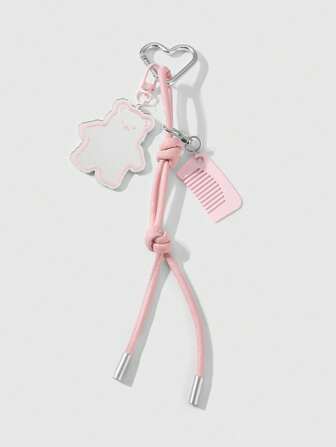Kawaii 1 pezzo Piccolo pettine rosa decorato e con disegno di orso, specchio in vetro, cordino in pelle rosa, portachiavi a forma di cuore fai-da-te, adatto per ragazze e donne come accessorio quotidiano o regalo