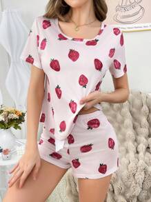 Strawberry Printed Sweet Women Pajama Set - Pink - View 6