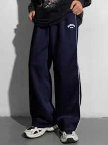 SHEIN Leap Crew Teen Boys' Loose Straight Leg Pants With Contrast Black Trim, Versatile Casual Trousers Suitable For Autumn, Winter, School, Home, Daily Wear, Sports, Birthday Party, Outings - Minimalist Style With Thermal Lined, Retro - Navy Blue - View 8