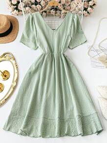 DreamSkyne Vestido mini casual/de trabajo de manga corta con cuello en V y cintura ceñida en color verde menta para mujer de talla grande, apropiado para citas, reuniones, traslados a la oficina, uso diario, Día de San Patricio y talla grande