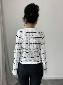 Elenzga 撞色条纹抽绳镂空针织喇叭袖开衫 - 白色 - 查看 2