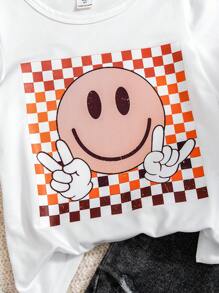 SHEIN Elladie kids 2件套少女圆领短袖印花休闲上衣和短裤套装 - 白色 - 查看 4