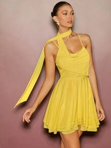 L'Amorae Yellow Summer Mama Mia Night Out Party Women Wrap Front Asymmetrical Cowl Neck Tiered Ruffle Mini Dress,Elegant Formal Wedding Prom Outfit,Vacation - Yellow - View 1