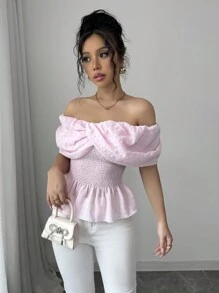 Chiquease Damen Prinzessin einfarbig Off-Shoulder, süßes, sexy, einfaches, lässiges Hemd für den täglichen Gebrauch, schlank geschnitten, tailliert, mit Rüschen, 2025 Sommer neue Bluse - Pink - Übersicht 6