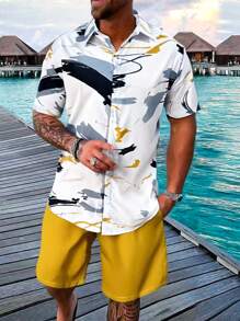 Manfinity RSRT Men Beach Outfits Tropical Print Shirt & Drawstring Waist Shorts Men Clothes Set Summer Sets For Men Summer Men Summer Clothes Set Short Sets For Men Men Outfit Sets - Yellow - View 2