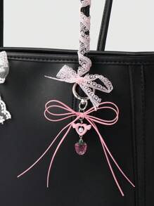 ROMWE Kawaii 3pcs Sweet & Fashionable K-Style Pink Leather Cord Butterfly Wing, Heart & Strawberry Pearl Pendant + 100cm Pink Lace + 50cm White Embroidery Lace Decorative Wrap, DIY Keychain Bag Charm Combo Set, Ideal Gift For Girls & Women - Pink - View 8