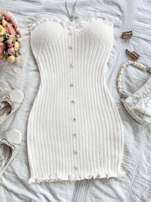 Soleia Sexy & Comfortable Fitted Knitted Dress With Button & Ruffle Hem, Camisole Style - White - View 3