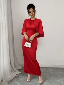 Elenzga Đầm dài cổ tròn 2 trong 1 màu đỏ thanh lịch, thích hợp cho ngày lễ tình nhân - Đỏ - Xem 7