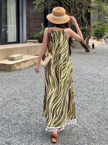 DAZY Vacation Style Beach Tied String Tunic Dress, Women's Mid-Length Ditsy Floral Bohemian Geometric Striped Summer Dress Cruise Women Outfits - Green - View 5