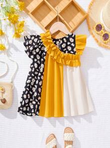 SHEIN Leap Crew Summer Cute Colorblock Ditsy Floral Ruffle Hem Dress For Baby Girl - Yellow - View 7