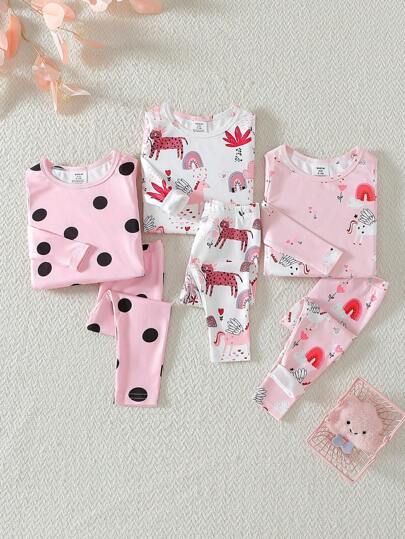 3-Piece Baby Girl Pajama Set With Dinosaur World Allover Print Snug Fit Long Sleeve Top And Leggings