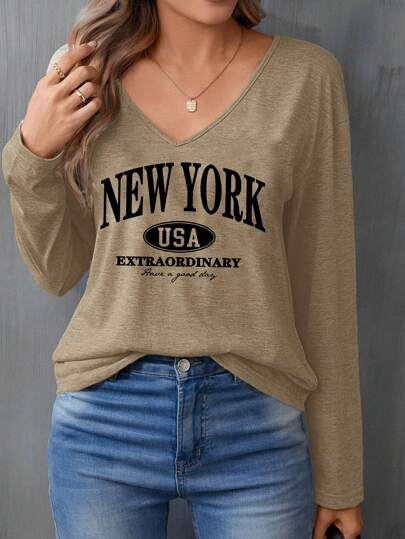 SHEIN LUNE Camiseta de manga larga con cuello en V relajado y estampado de lema de Nueva York, adecuada para otoño/invierno, casual