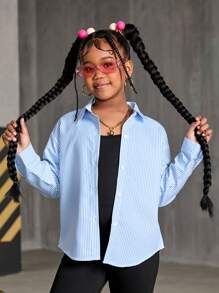 Sparklyn 青少年女孩蓝色条纹宽松翻领长袖衬衫，背面有大字母印花 - 彩色 - 查看 5