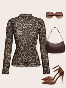 SHEIN Clasi 女士优雅性感豹纹网眼修身衬衫 - 棕色 - 查看 2