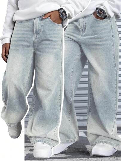 SHEIN Jeans casual vintage lavati in blu acqua, gamba dritta e morbida, per ragazzi adolescenti, outfit cool, outfit per il Ringraziamento, abbigliamento quotidiano e autunno/inverno per ragazzi adolescenti