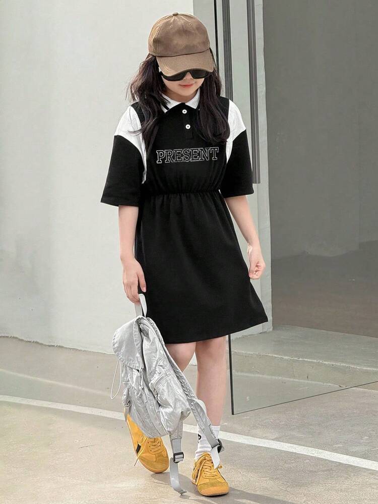 Tween Girl Color Blocking Letter Print Splice Dress,Girls Summer Outfits,Back To School Clothes