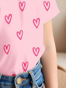 SHEIN Leap Crew 可爱手绘迷你粉色爱心图案，女宝宝休闲简约短袖圆领上衣适合夏季