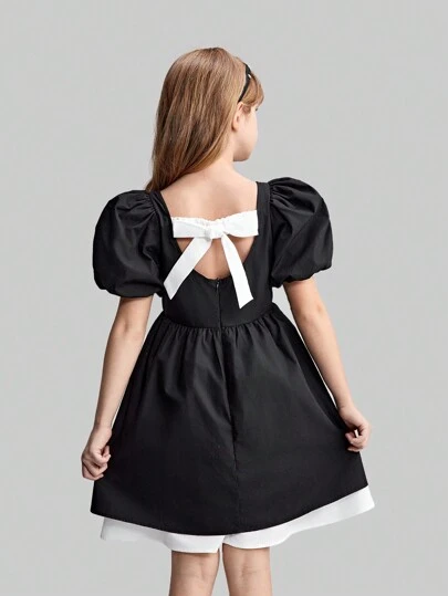 Maija Kids Maija Kids Tween Girl 拼色荷叶边泡泡袖蝴蝶结装饰 A 字形连衣裙