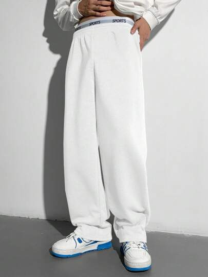 SHEIN 青少年男孩休闲宽松运动裤，带有英文印花，松紧腰复古风格长裤，适合秋季、冬季、学校、家庭、日常、运动、生日派对、郊游，百搭百搭保暖内衬