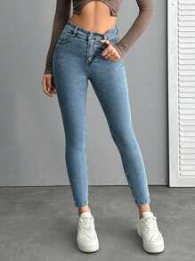 SHEIN Cottnline SUPER STRETCH HIGH WAIST SKINNY Blue JEAN - Light Wash - View 1