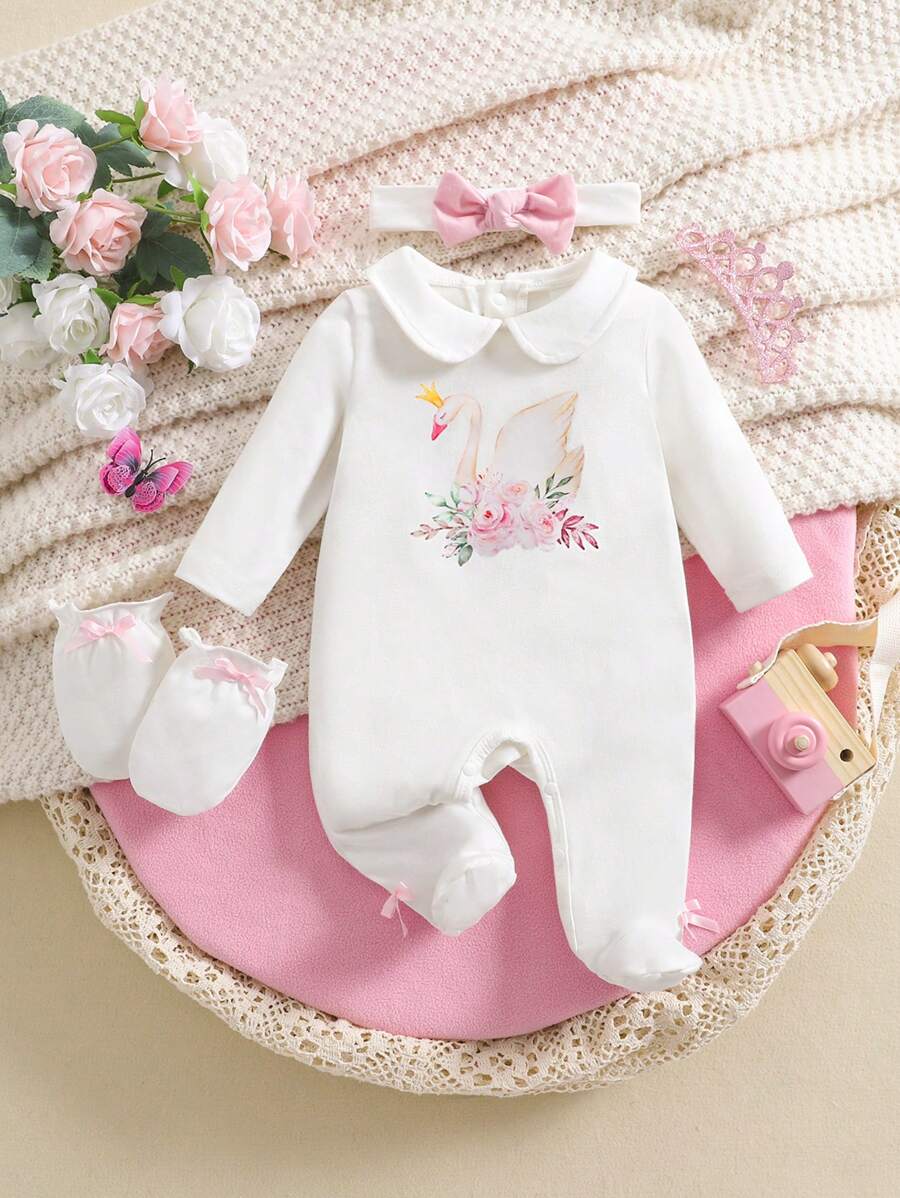 新生女婴春夏针织圆领长袖天鹅图案带蝴蝶结手套和头带和连脚连体衣套装 - 白色 - 查看 1