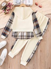 Conjunto de 2 piezas para niña preadolescente: sudadera con capucha de parchwork a cuadros y pantalones - Albaricoque - Ver 2