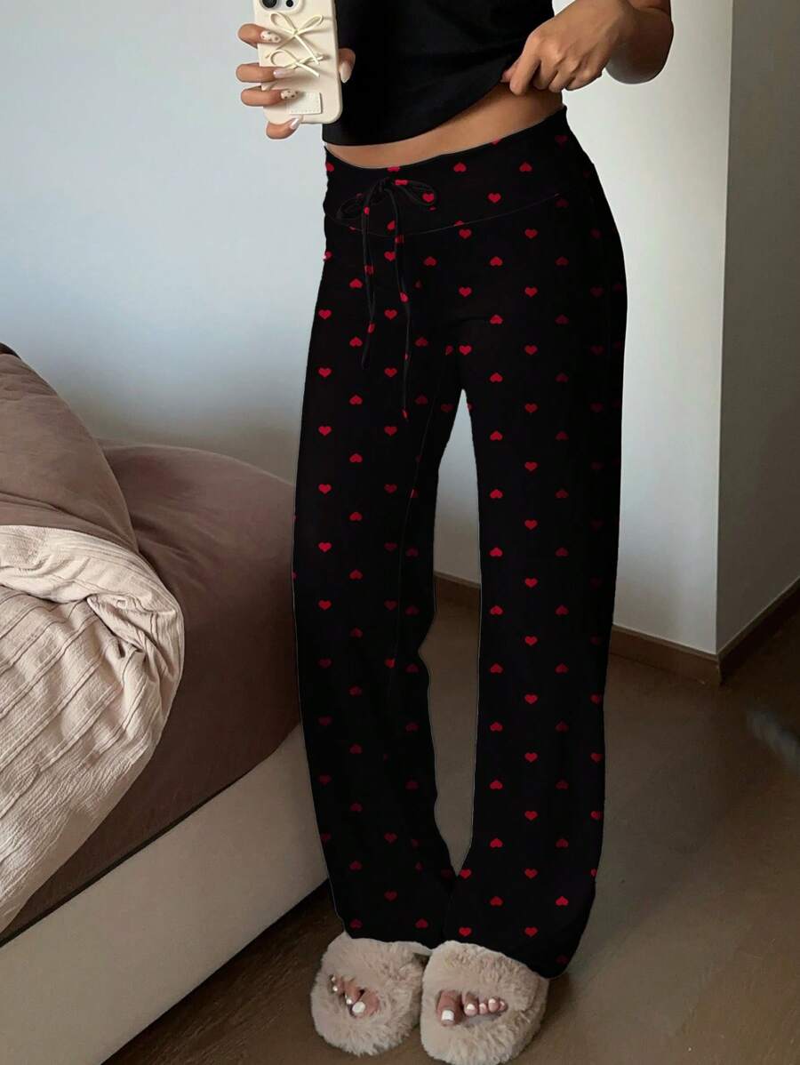 SHEIN EZwear Quần tập yoga Palazzo cạp thấp màu đen thiết kế hình trái tim có dây rút dùng ở nhà - màu đen - Xem 1