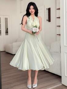 DAZY Women Mid-Calf High Neck Tied Pleated Mesh Solid Color Dress, Perfect For Date Night Prom Dress,Back To School Clothes - Beige - View 4