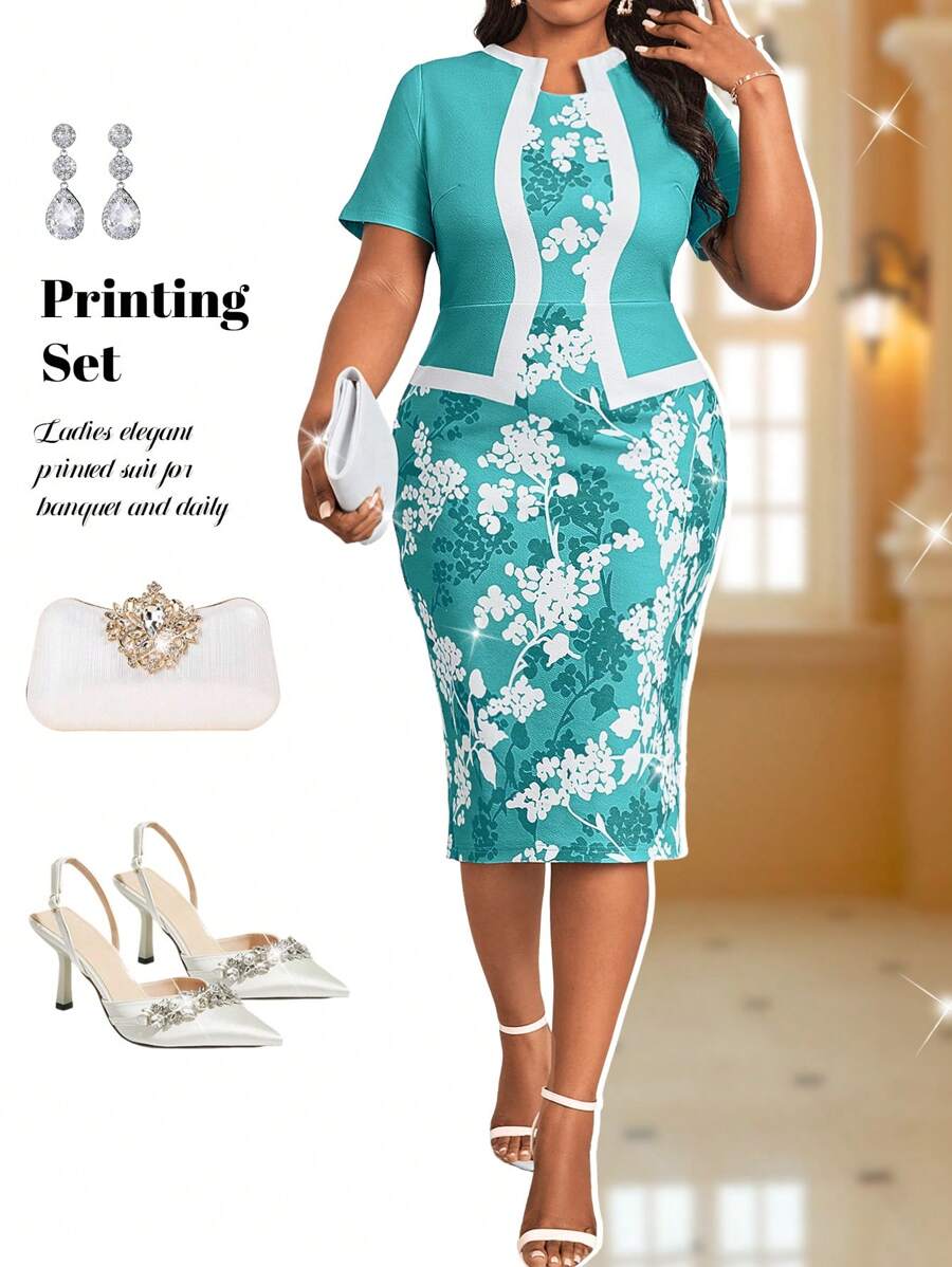 Fleurora فستان كبير الحجم للمرأة، بطبعة زهور، وأكمام قصيرة، مناسب للخريج، بتصميم نحيف، ملابس المعلم، فستان المعلم، مناسب للاستخدام على مدار فصول السنة