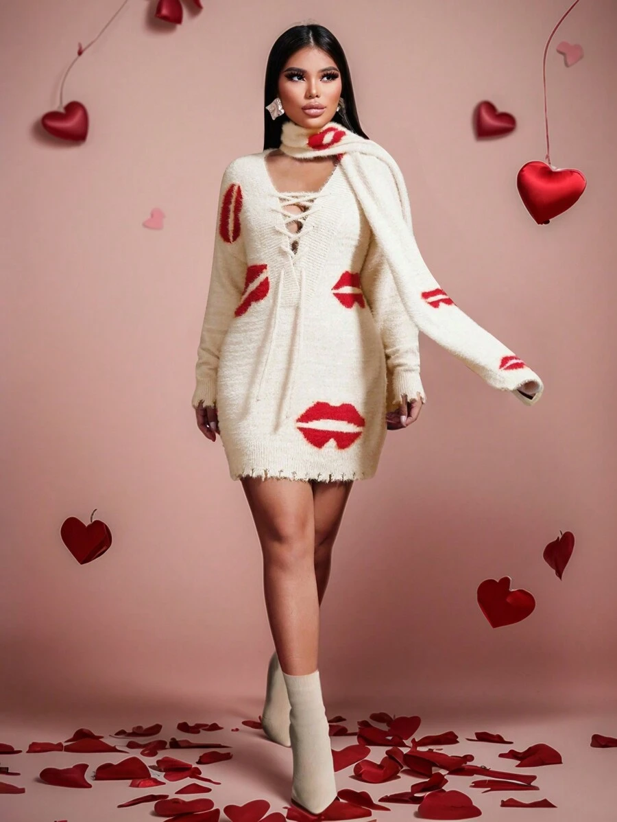 Zolique 2 件套女士针织套装，奶油色长袖毛衣，领口宽松 V 领，火焰红唇围巾，露肩性感派对，秋冬