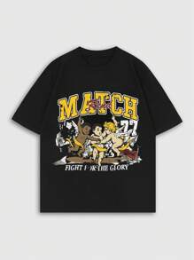 ROMWE MEN Street Life 男士街头风格卡通印花圆领短袖休闲 T 恤 - 黑色 - 查看 1