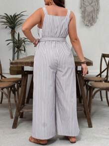 SHEIN VCAY 大码海岛度假条纹口袋阔腿连体裤，休闲宽松腰带连体衣