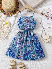 SHEIN 年轻女孩复古花卉印花镂空吊带连衣裙