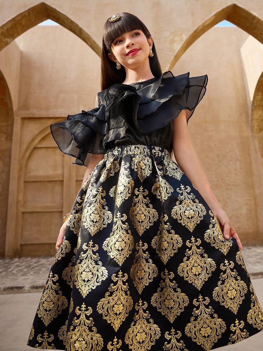 SHEIN Conjunto de 2 piezas: Blusa con paneles de organza y falda de satén con estampado dorado en lámina, diseño adecuado para fiestas, reuniones, festivales, Ramadán - Rosa - Ver 1