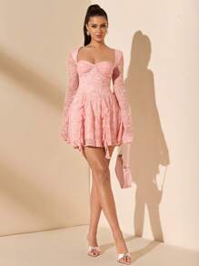 SHEIN BAE Letnia sukienka na wakacje, różowa, koronkowa, gorsetowa, na imprezę nad morzem, na urodziny, na wakacje, elegancka sukienka z długim rękawem, letnie stroje dla kobiet/ubrania wiosenne/strój walentynkowy/karnawał/strój na wakacje na plaży, stroje Nashville