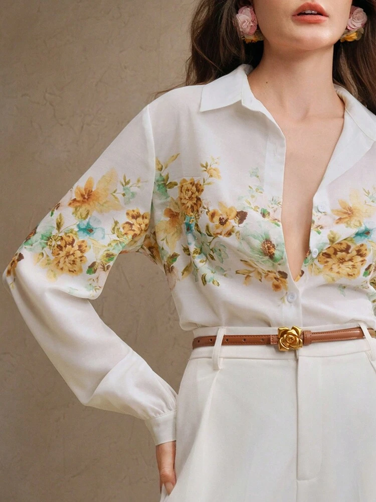 Women's Romantic Elegant Floral Placement Print Long Sleeve Shirt, Spring For Women Blouse