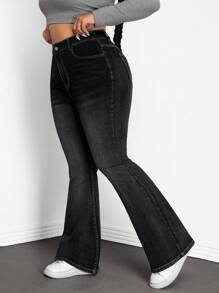 SHEIN Tall CURVE 大码休闲水洗高腰喇叭牛仔裤 - 黑色 - 查看 4