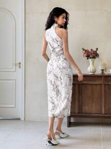 EastFlair 女士旗袍领长裙，3D花卉工艺