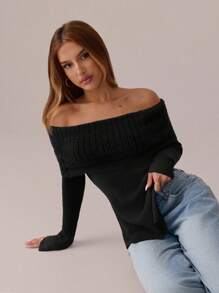SHEIN SXY 1 pieza Suéter de punto con hombros descubiertos para mujeres, Navidad, Acción de Gracias, Año Nuevo - Negro - Ver 5