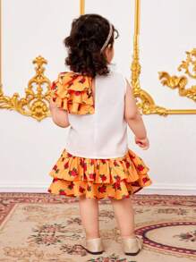 SHEIN Leap Crew Babygirl Summer Cute Ruffle Top And Elastic Waist Skirt Set - Orange - View 2