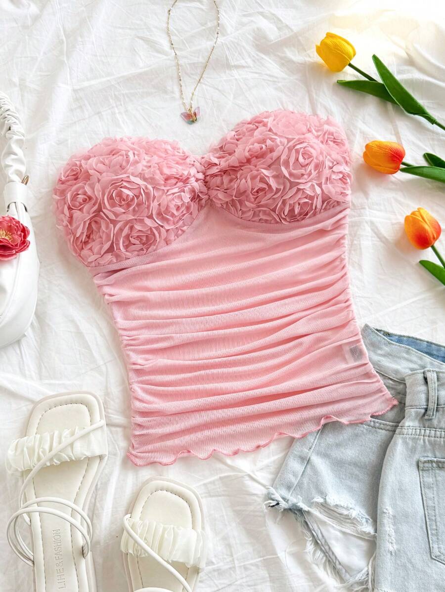 Soleia Women's Plain Ruched 3D Rose Bandeau Crop Top Valentine Day Summer Outfits For Women - Pink - View 1