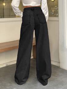 EURMUSE 100% 纯棉高腰阔腿复古牛仔裤 - 黑色 - 查看 2
