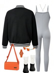 SHEIN Explorewe 2pcs/Set Tween Girls Front Button Closure Long Sleeve Top & Jumpsuit Set - Black - View 2