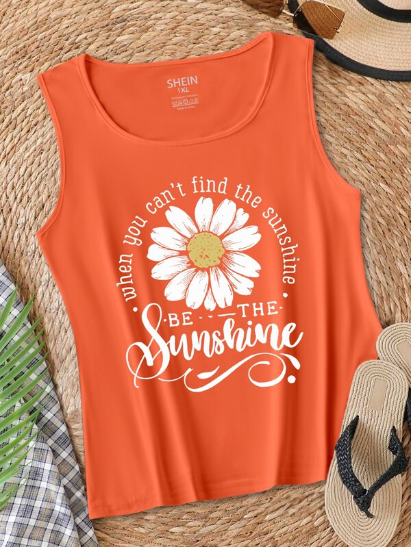 Calvaya Plus Size Summer Women's Sleeveless Top With Letter And Flower Patterns 'When You Can't Find The Sunshine BE THE Sunshine' Graphic Tank Top