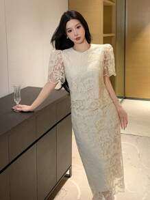 DAZY Ensemble 2 pièces pour femme: blouse à col rond élégante en dentelle avec manches bouffantes et jupe, tenue invitée de mariage pour l'été - Beige - Voir 8