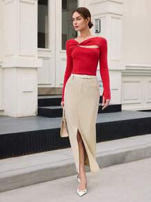 BizChic Women's Apricot Straight Skirt With Slit, Elegant Attire For Business, Casual, Office, Teacher , Spring/Summer - Khaki - View 6