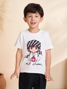 SHEIN Young Boy Geometric Pattern Vest, Cartoon Character Printed T-Shirt, And Pants 3 Piece Casual Outfit Set - Black and White - View 7