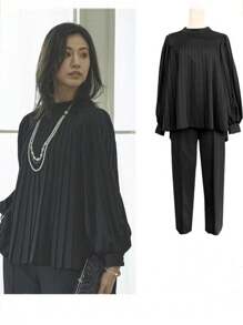 FRIFUL Women Solid Color Stand Collar Puff Sleeve Pleated Shirt & Pants 2Pcs Set Lounge Sets For Women - Black - View 1